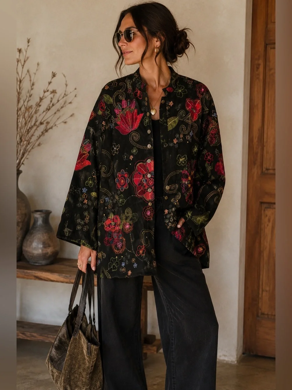 Chico’s Size 3 Embroidered Floral Art Jacket Boho Oversized